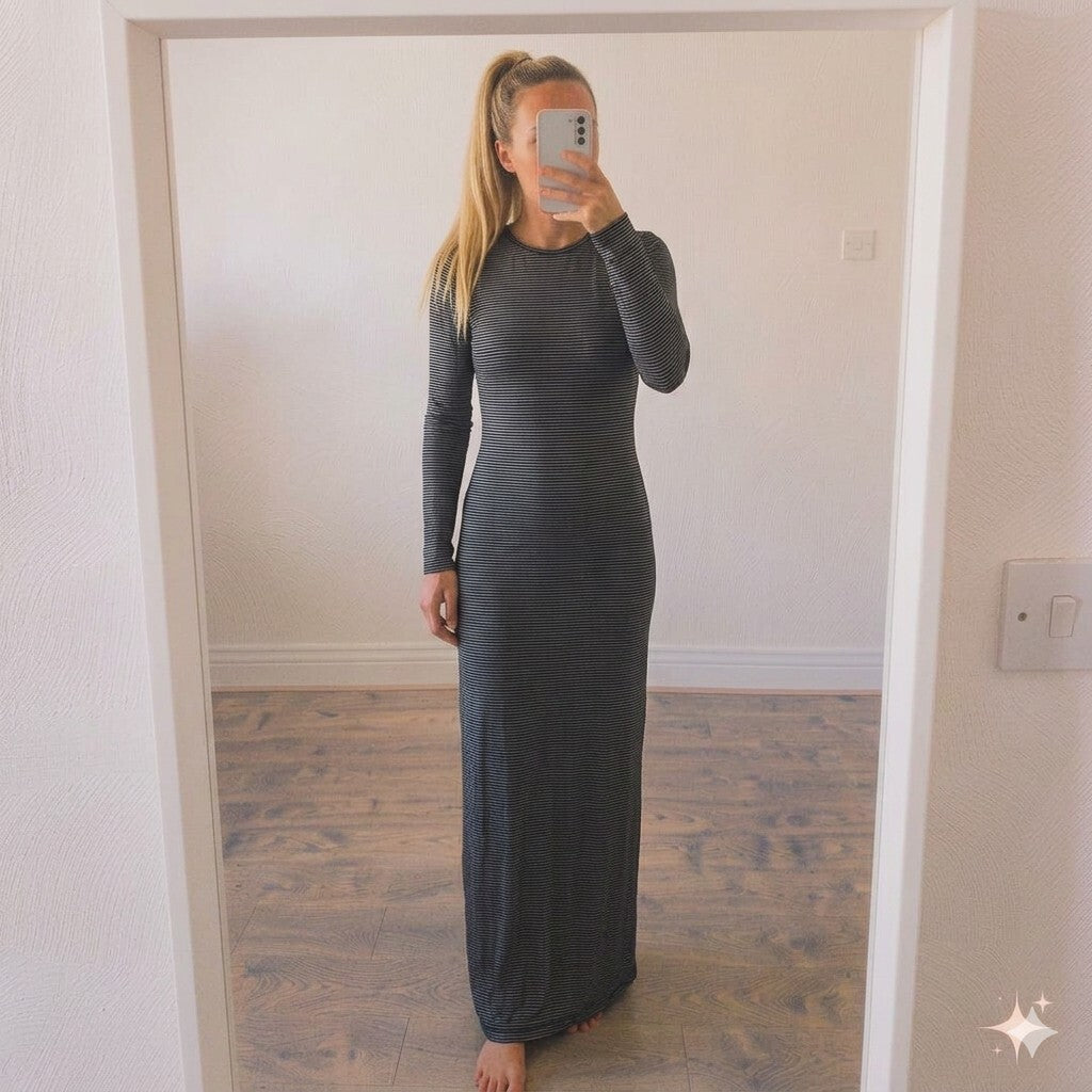 Zara Collection Long Sleeve Jersey Maxi Dress, Black and Grey Stripes,Size L