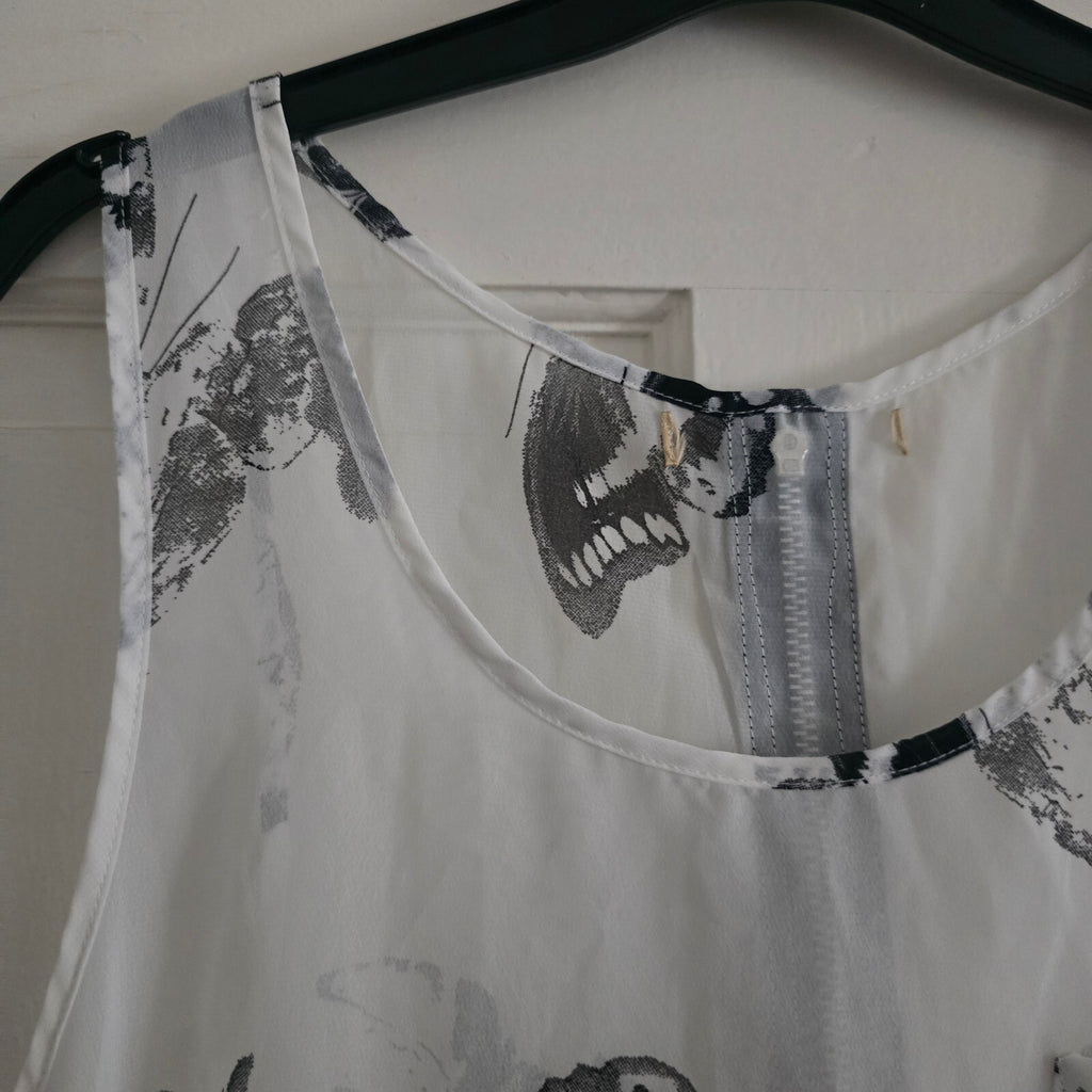 Cameo Rose UK8 EU36 White Butterfly Print Sleeveless Top, lightweight, sheer