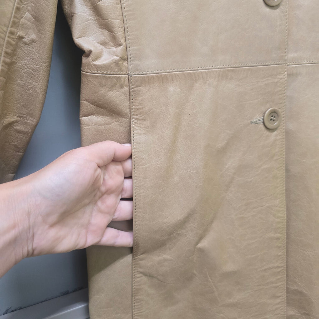 Jigsaw Vintage Beige 100% Leather Long Coat with Lining, size 8