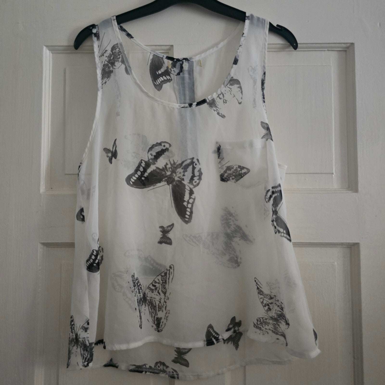 Cameo Rose UK8 EU36 White Butterfly Print Sleeveless Top, lightweight, sheer