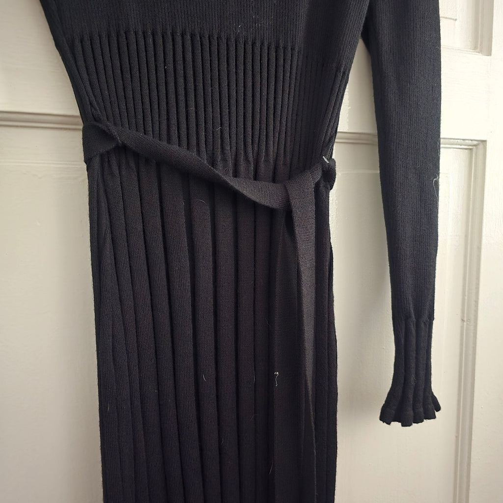 Per Una Black Ribbed Knit Midi Dress with Ruffled Collar and Belt, BNWT, size 14
