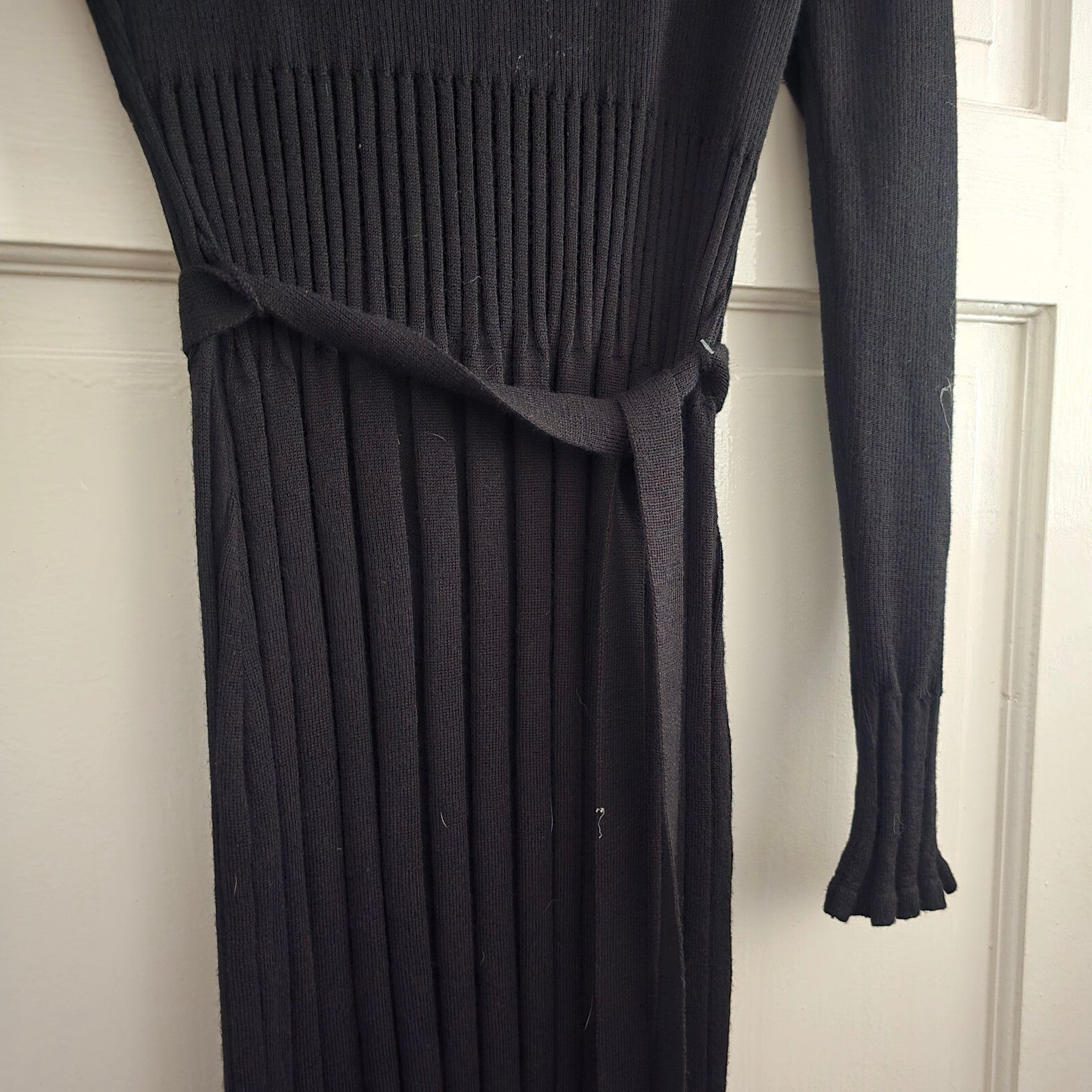 Per Una Black Ribbed Knit Midi Dress with Ruffled Collar and Belt, BNWT, size 14
