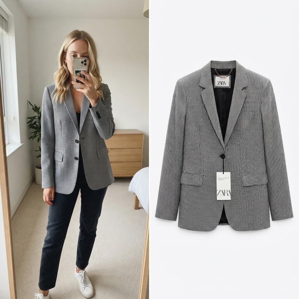 Zara Women's Houndstooth Blazer Jacket Size UK 10? oversized, BNWT, tweed