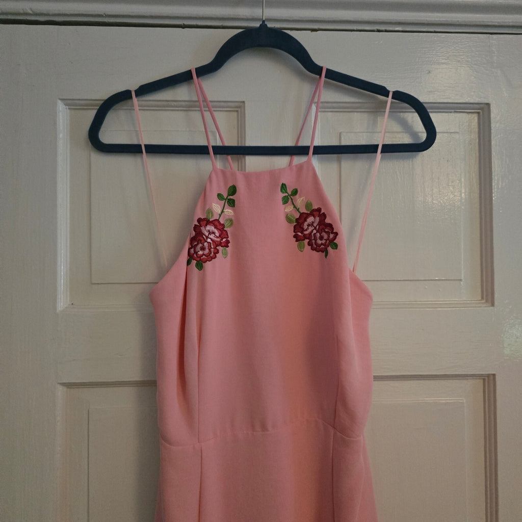 Topshop Pink Embroidered Floral Midi Dress UK 12, front splits, wedding, party