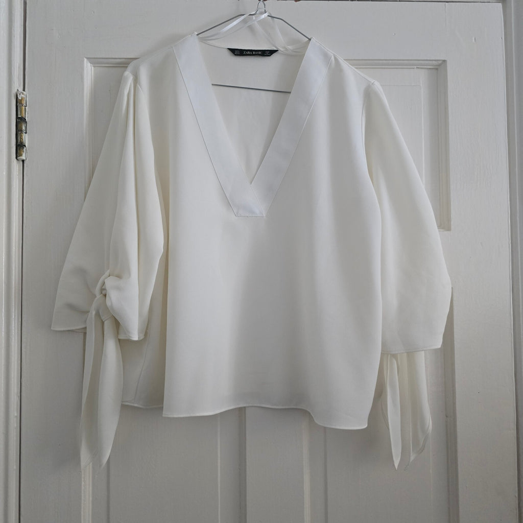 Zara Basic White V-Neck Blouse with Tie Sleeves - Size Small