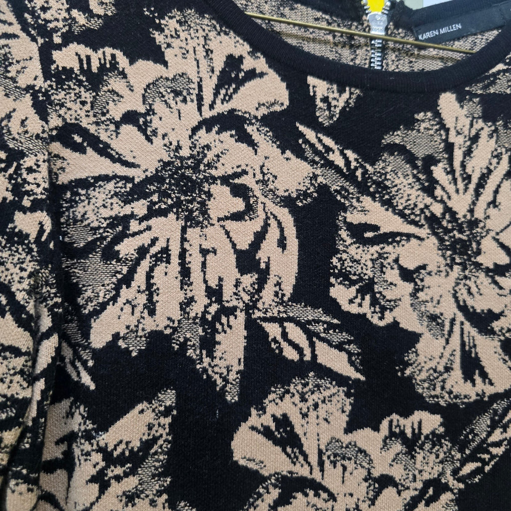 Karen Millen Black and Beige Floral Long Sleeve Dress with Back Zip, size S
