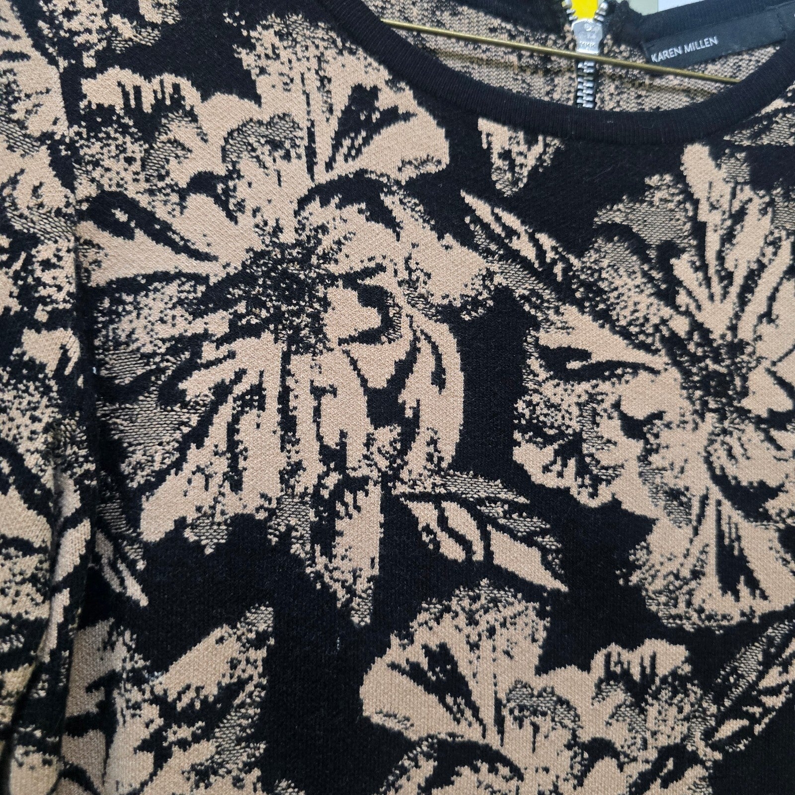 Karen Millen Black and Beige Floral Long Sleeve Dress with Back Zip, size S