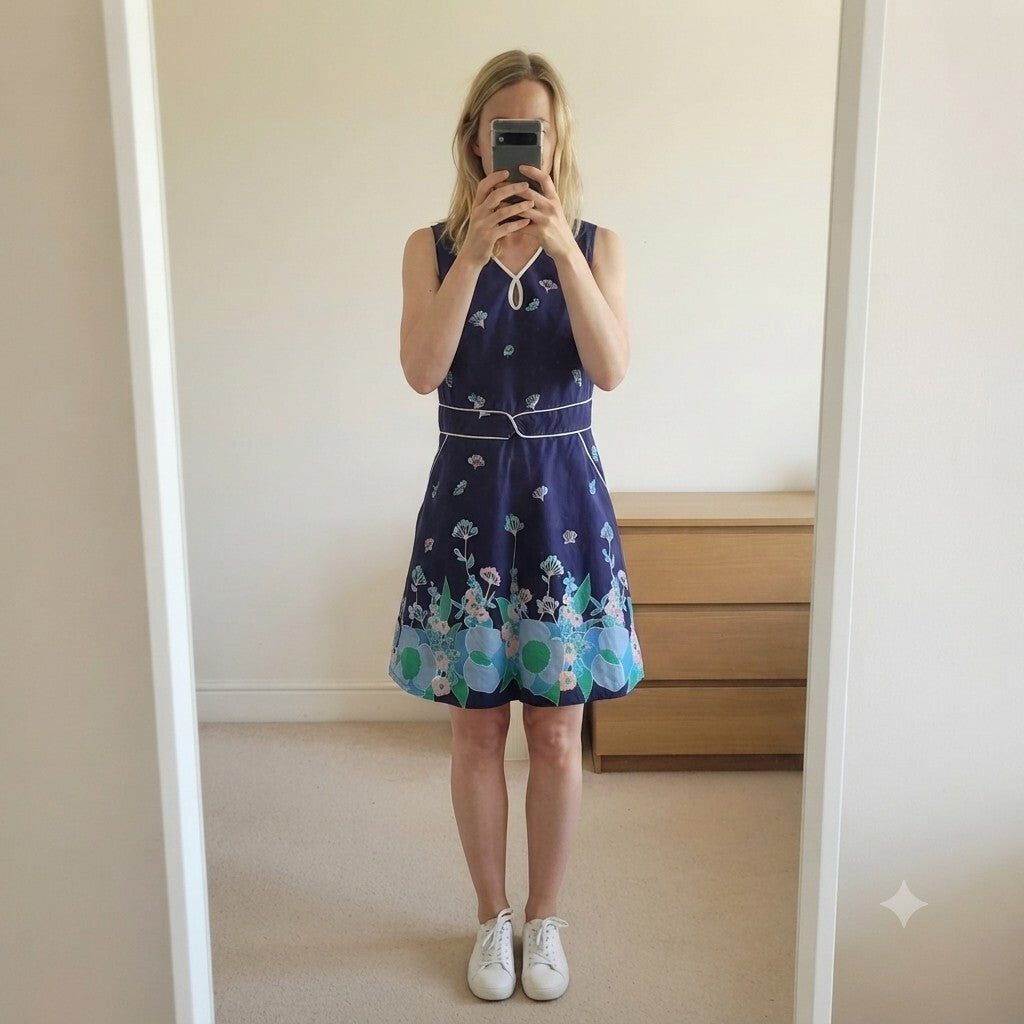 By Henry Holland Navy Blue Floral Cotton Dress Size 12, retro, festival, rare