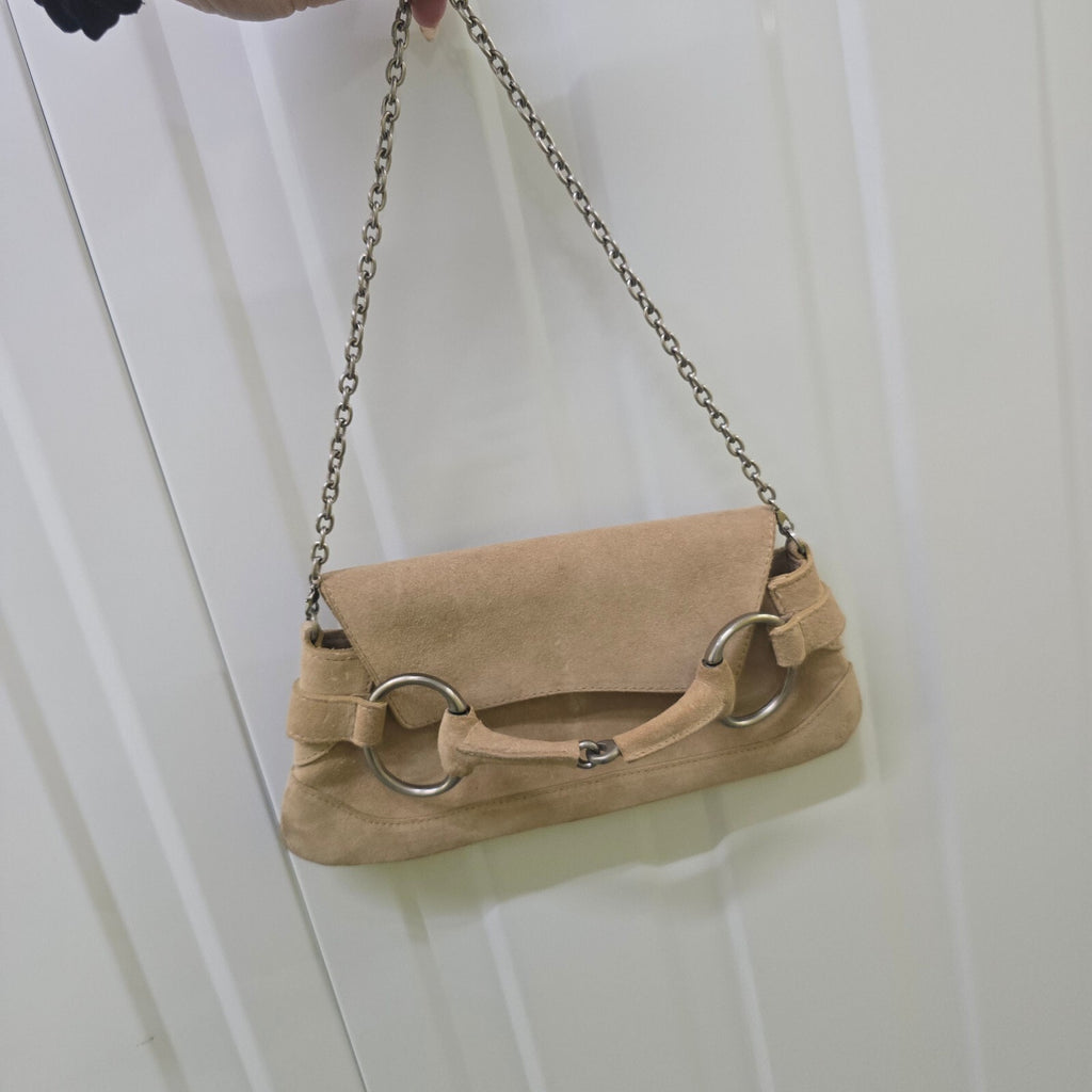 L.K. Bennett Beige Suede Chain Shoulder Baguette Bag Vintage Rare