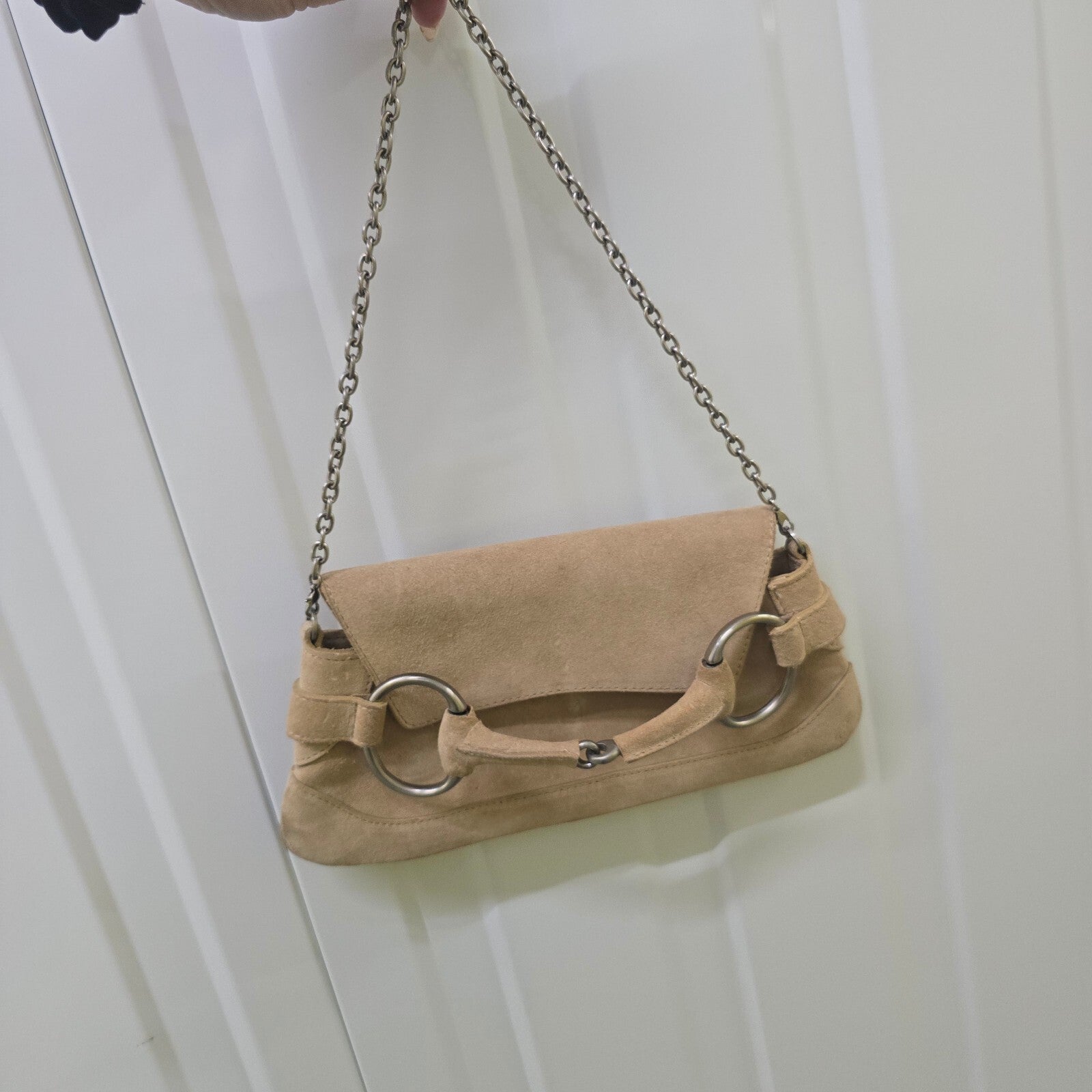 L.K. Bennett Beige Suede Chain Shoulder Baguette Bag Vintage Rare