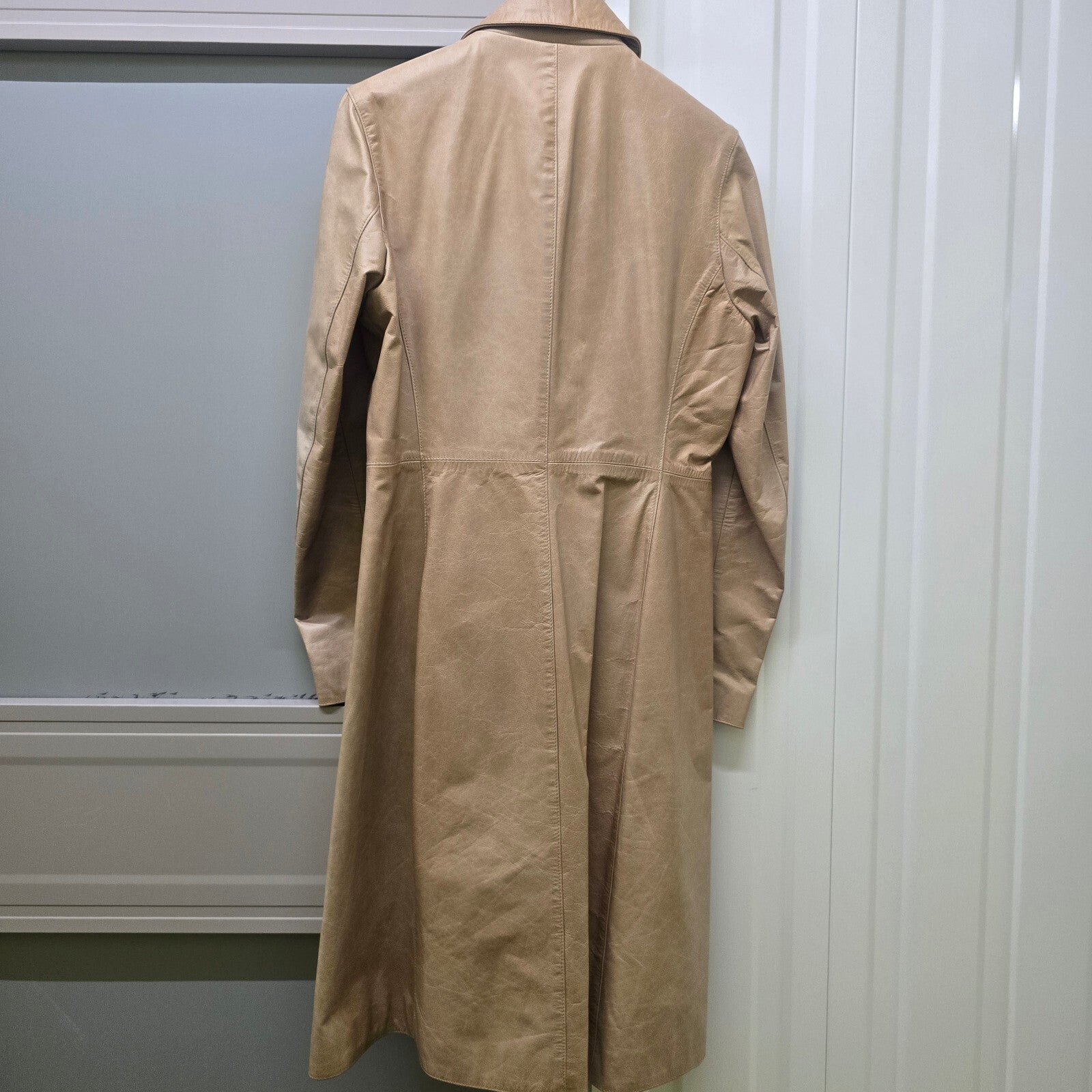 Jigsaw Vintage Beige 100% Leather Long Coat with Lining, size 8