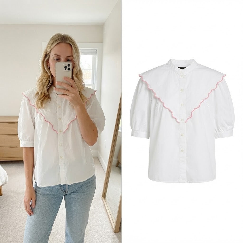 Seventy + Mochi Valentine Blouse White Organic Cotton Size 12, frill collar