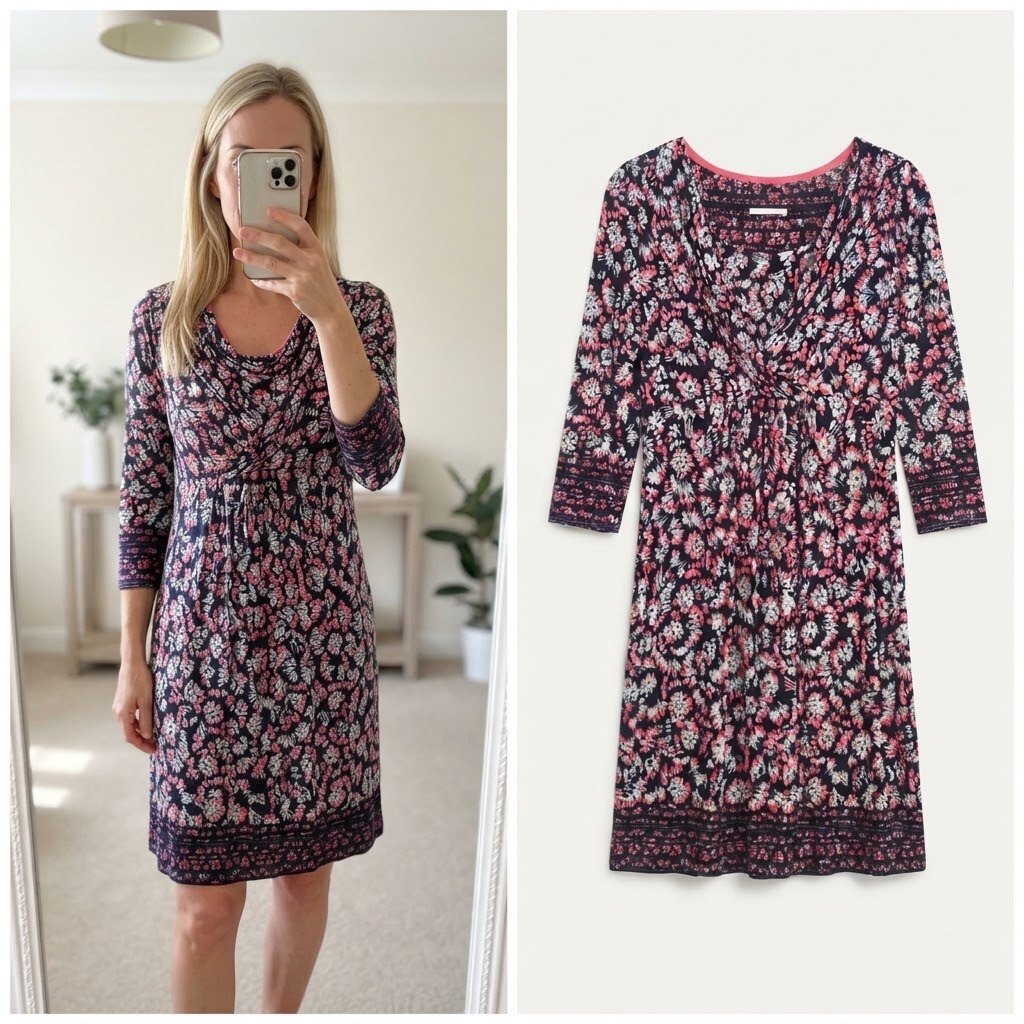 Per Una Floral Print V-Neck Dress with 3/4 Sleeves, size 12, jersey stretch soft