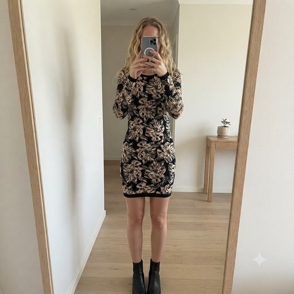 Karen Millen Black and Beige Floral Long Sleeve Dress with Back Zip, size S
