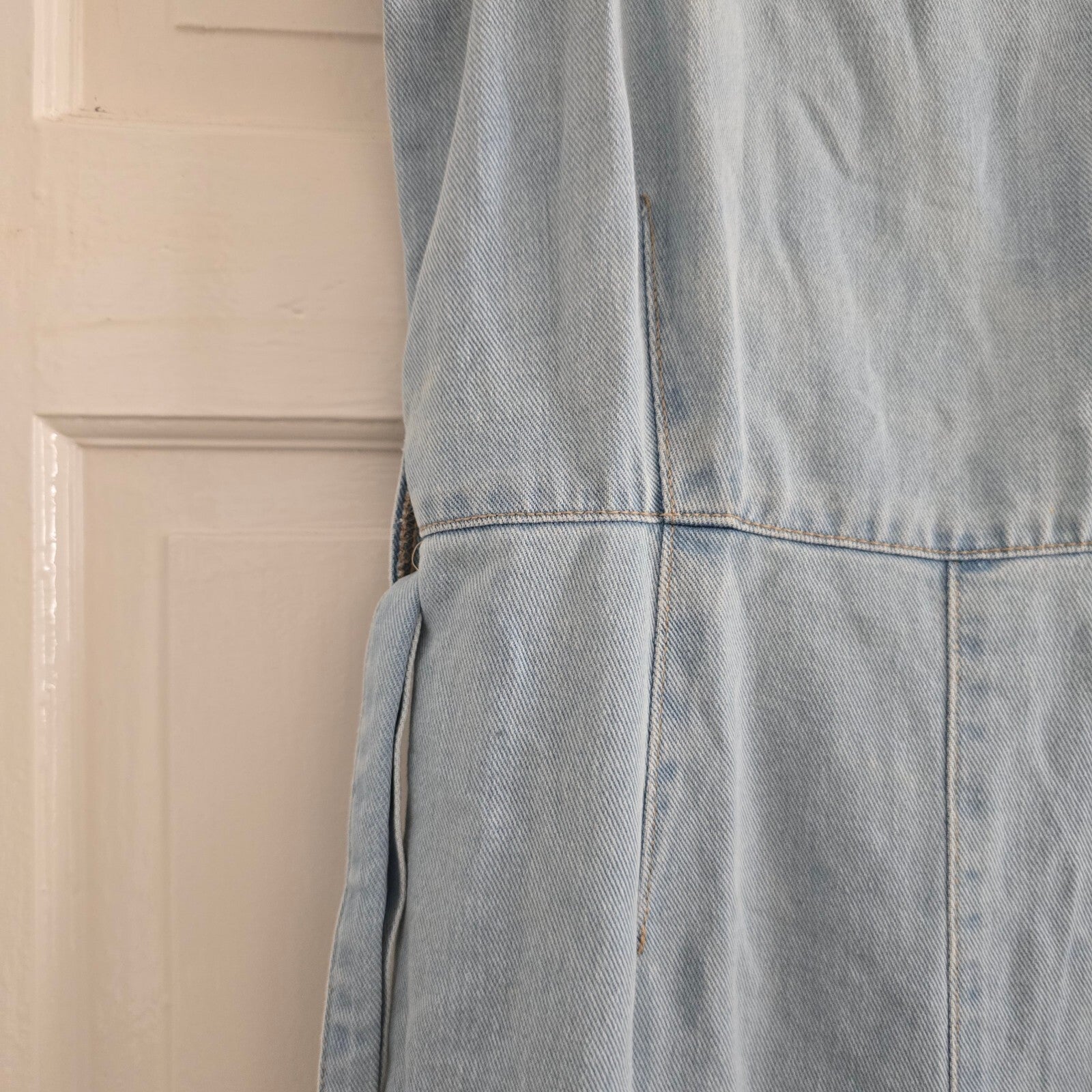 New Look Denim Light Blue Ruffle Strap Jumpsuit UK Size 8, wide cropped leg