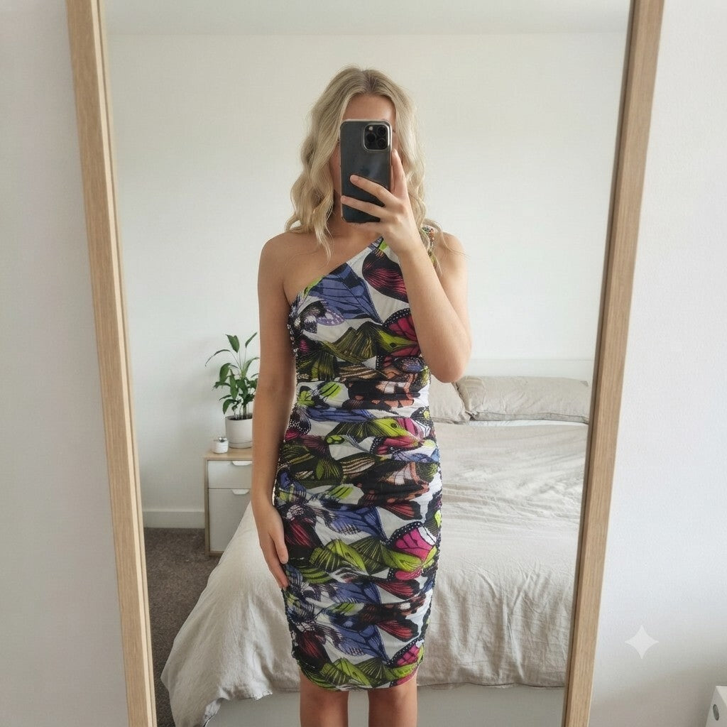 Explosion One-Shoulder Butterfly Print Ruched Dress, stretch, size 10, party