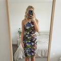 Explosion One-Shoulder Butterfly Print Ruched Dress, stretch, size 10, party