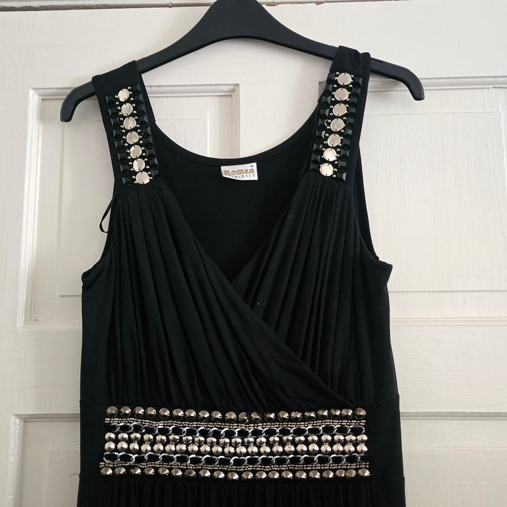 Roman Originals Black Jersey Wrap front boho Embellished Maxi Dress, size M