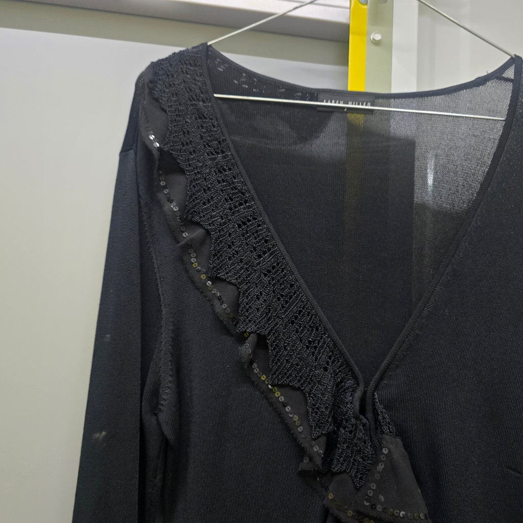 Karen Millen Black Long Sleeve Knit Top Sequin and Crochet Ruffle Detail Size 10