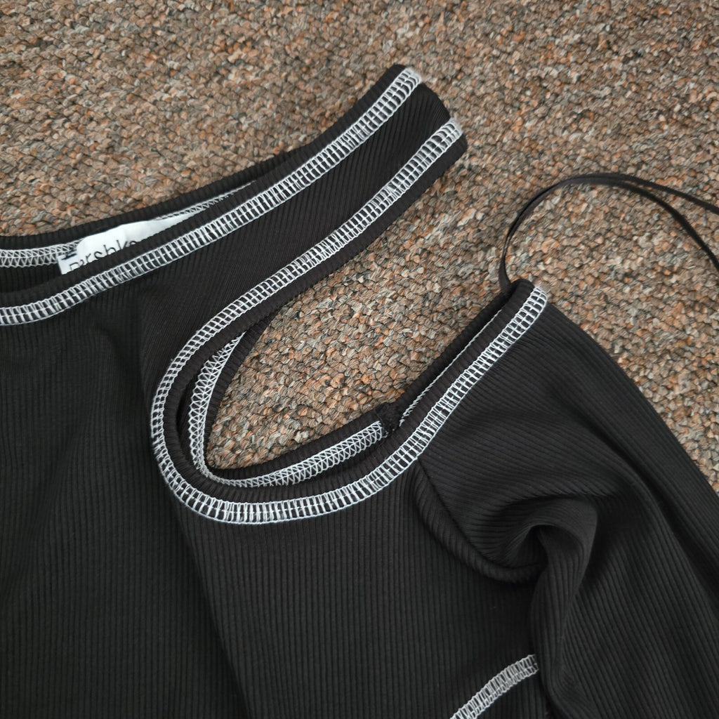 Bershka Black Asymmetric Cutout Long Sleeve Top XS