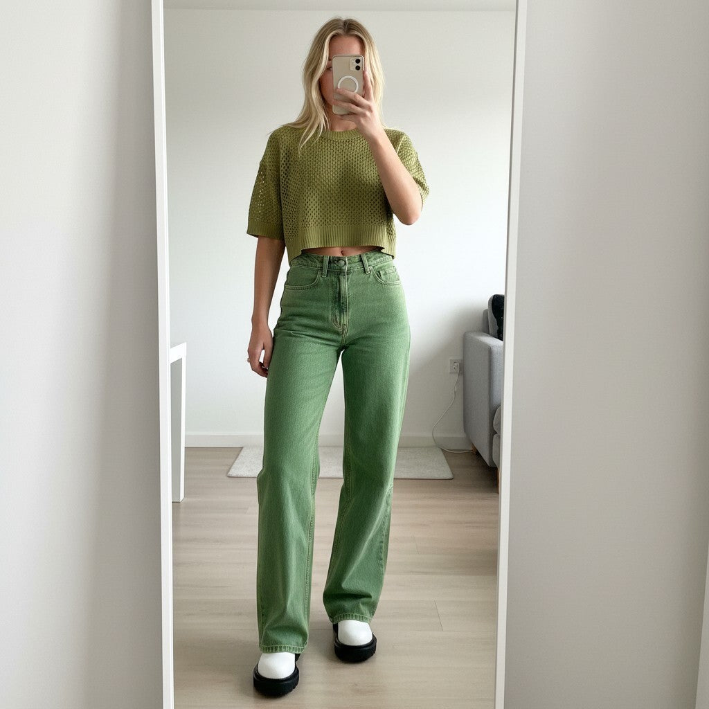Ganni Green High-Rise Wide Leg Jeans Size 24 retro vintage rare denim