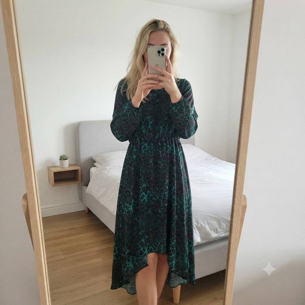 IZABEL London Green and Brown Animal Print Long Sleeve Dip Hem Dress size 12