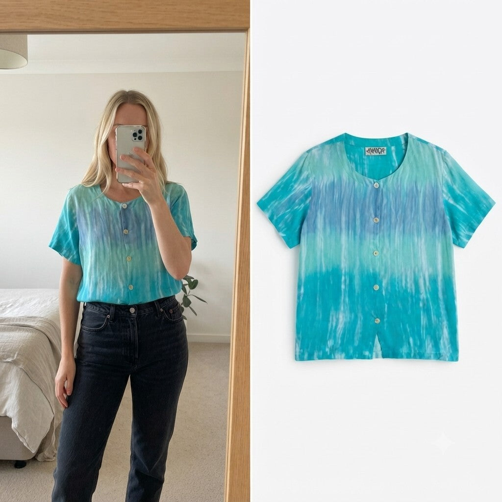 Ananda One Size Turquoise Blue Tie-Dye Button Front Blouse Top oversized