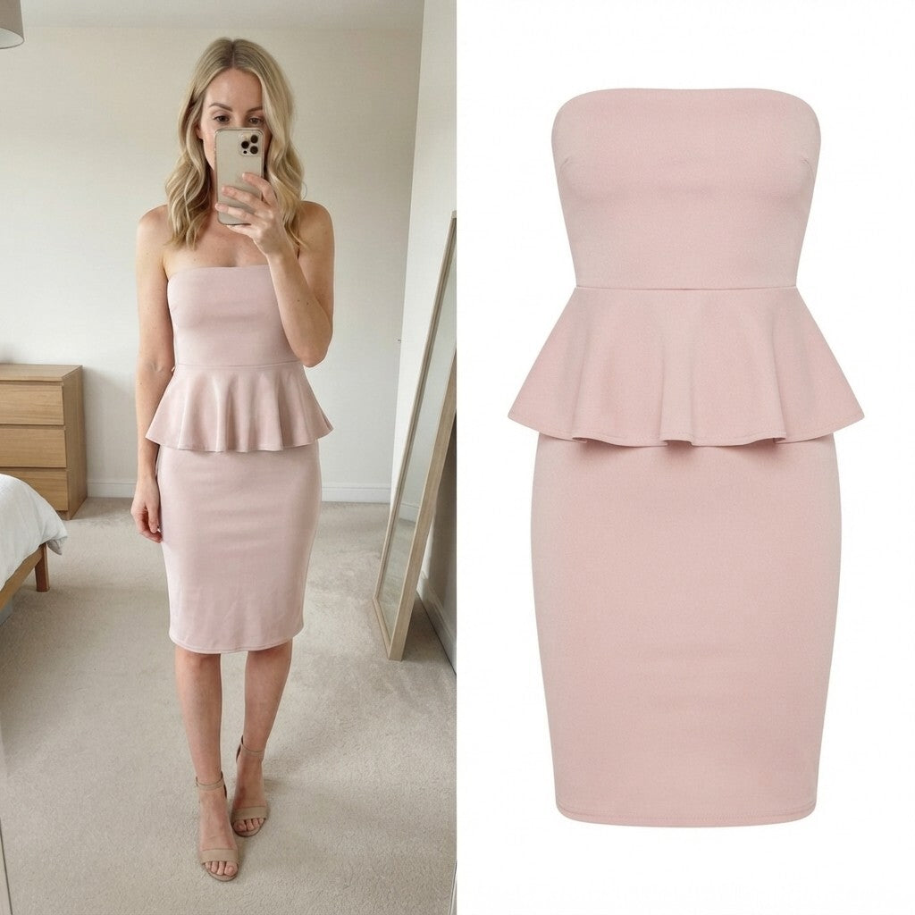 Boohoo BNWT Faye Bandeau Belted Peplum Midi Dress in Stone, UK Size 10