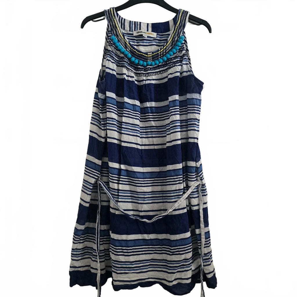 Clements Ribeiro Striped Cotton Dress with Beaded Neckline, Size UK 14