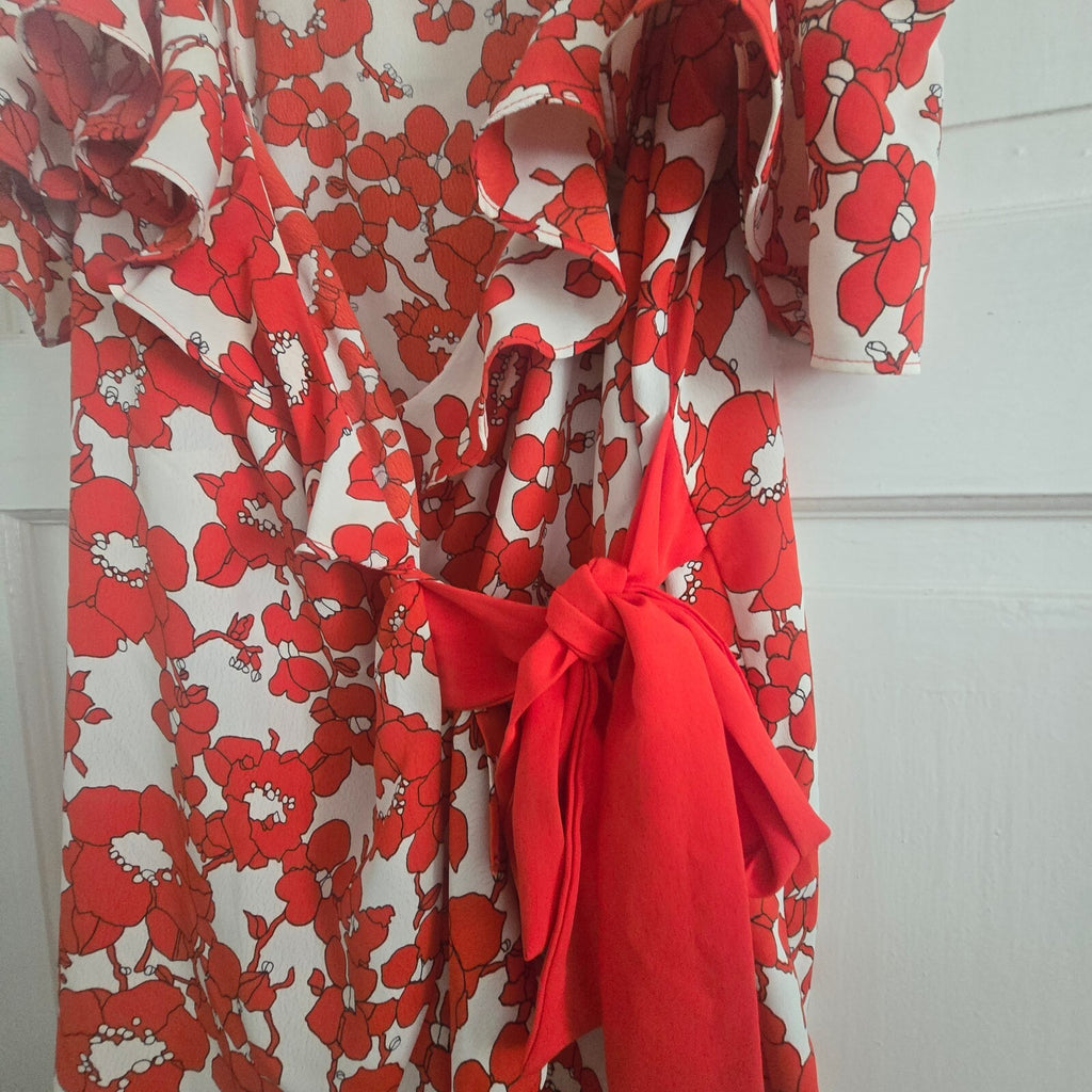 Topshop Red Floral Wrap Dress with Ruffle Detail and Tie Waist, UK 10