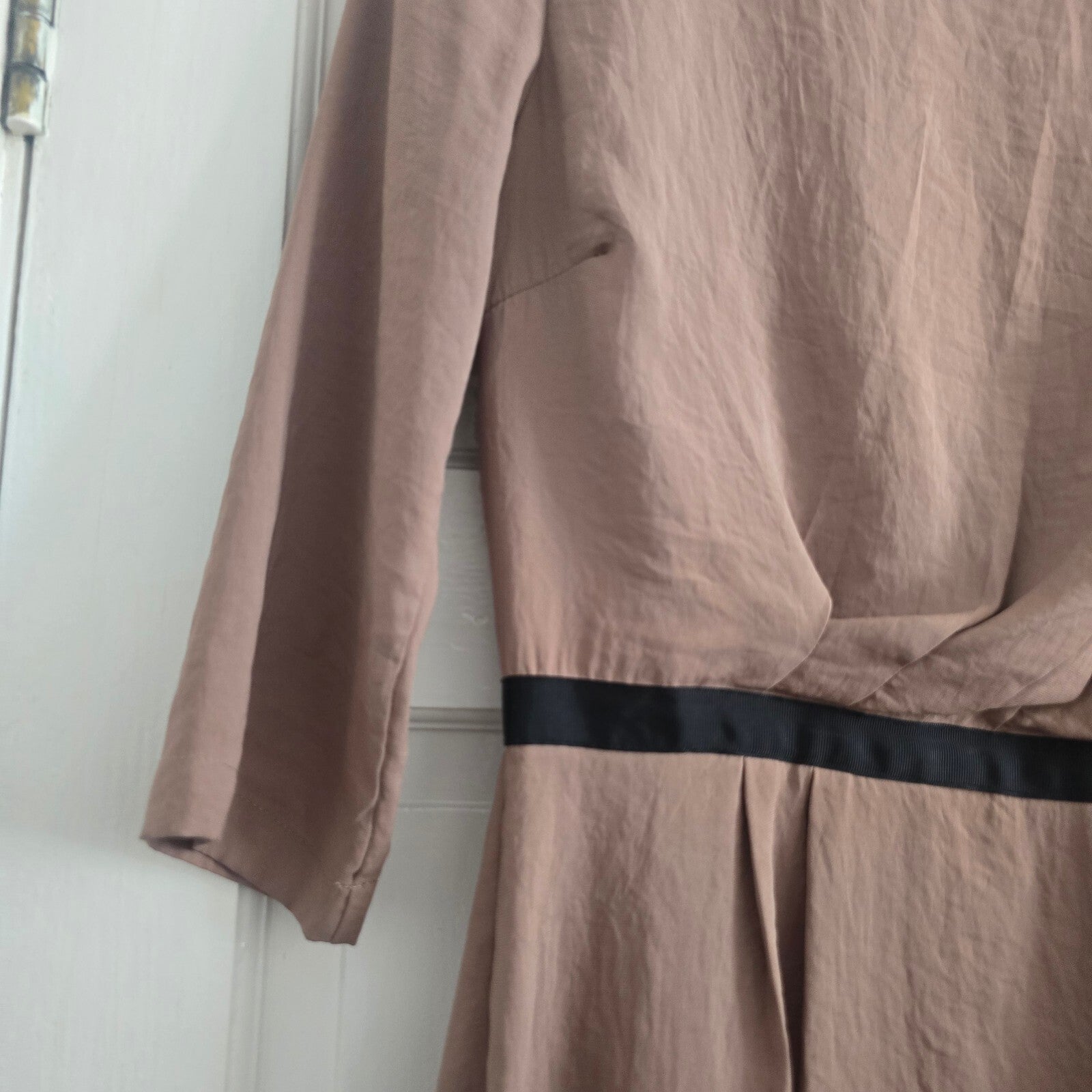Topshop Women's Taupe Dress with Black Waist Detail, UK Size 10