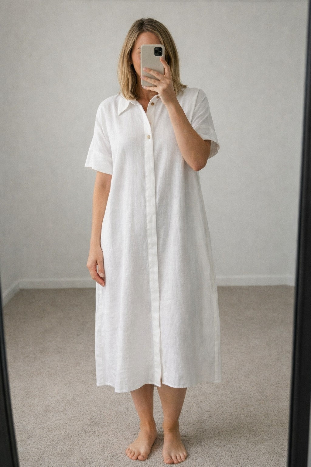 COS White Relaxed Fit Oversized Linen Shirt Dress EUR XS, Midi Length, pockets