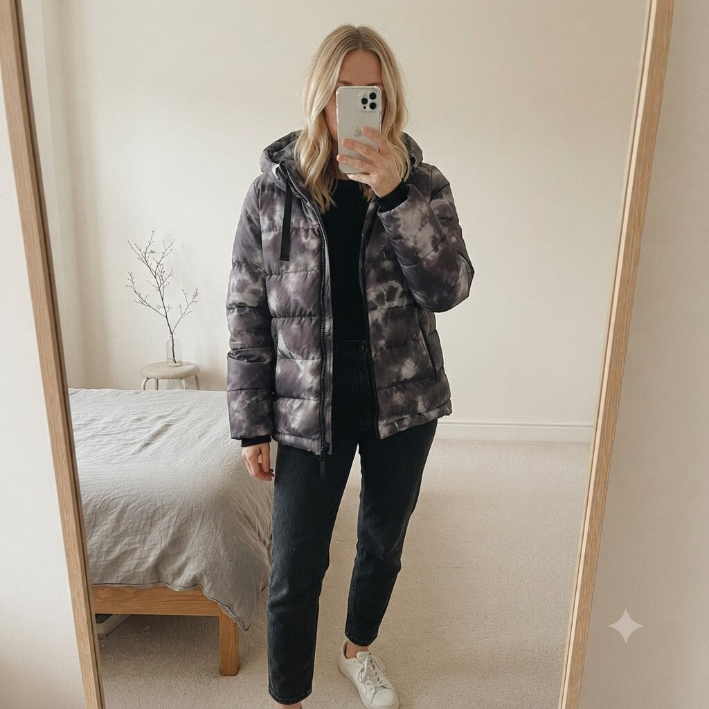 A.M. London Women's Puffer Jacket with Hood, Size 14, tie dye print, streetwear