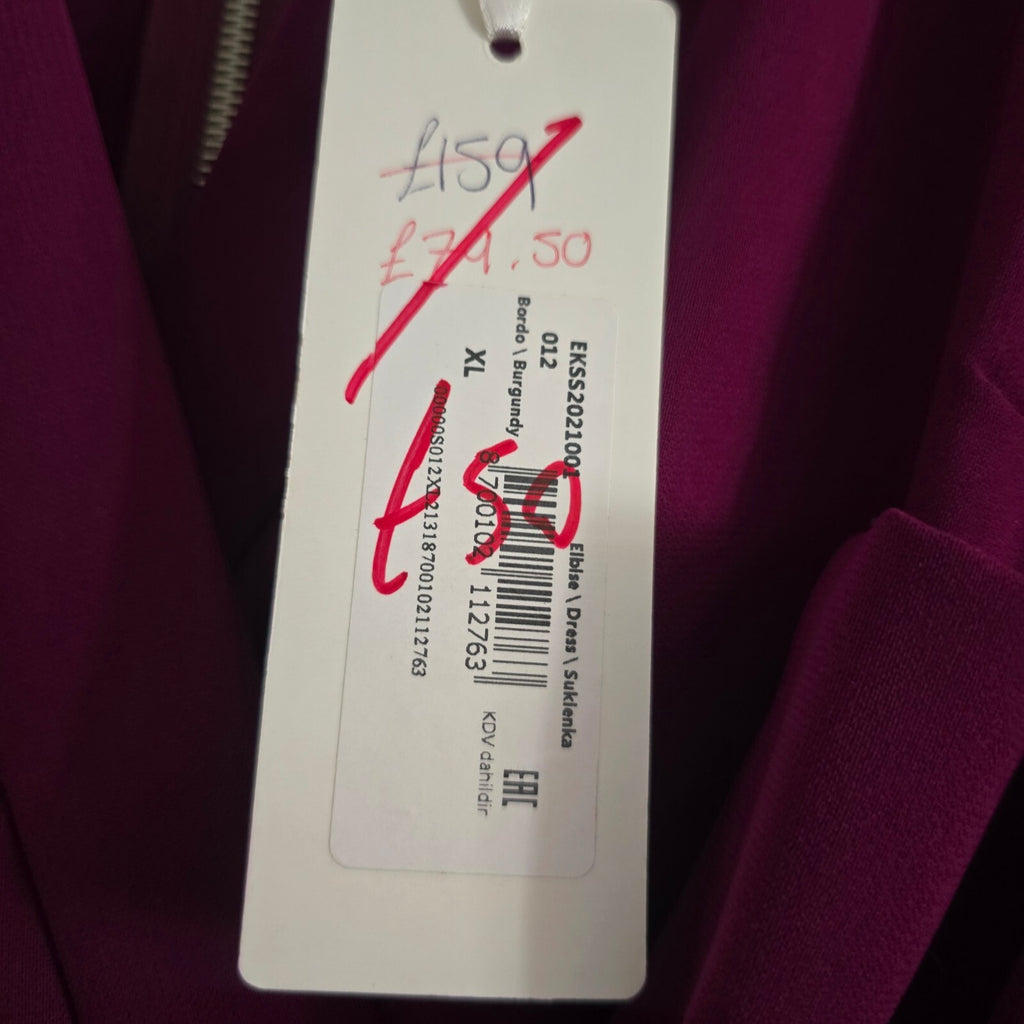 Elka Burgundy Dress with Draped Detail and Back Zip, Size XL, BNWT