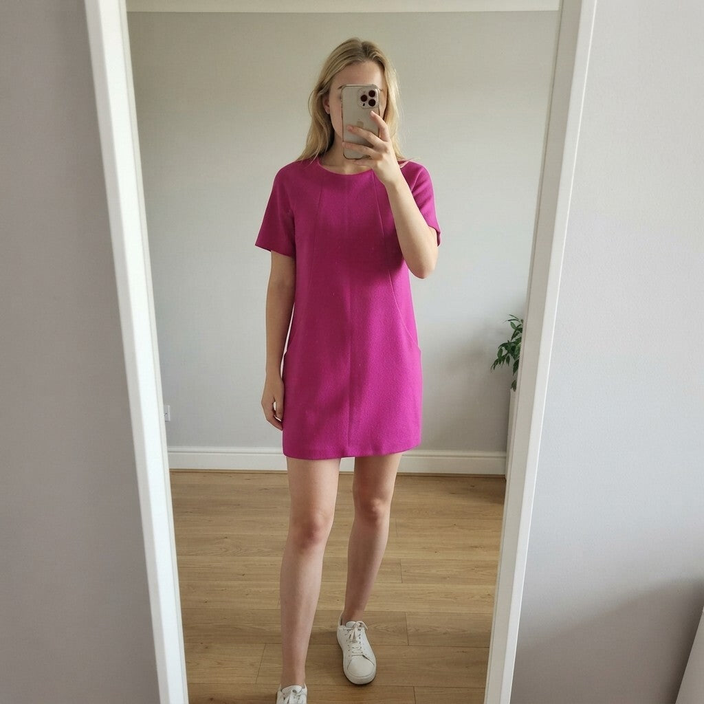 AD LIB Bright Pink Short Sleeve Shift Dress with Front Pockets, size 12