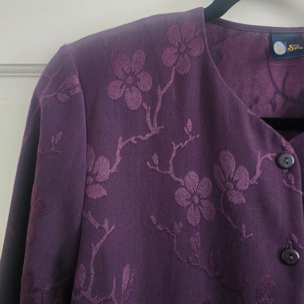 Elegant Purple Floral Jacquard Two-Piece Skirt Button-Up Blouse Suit Set Coord