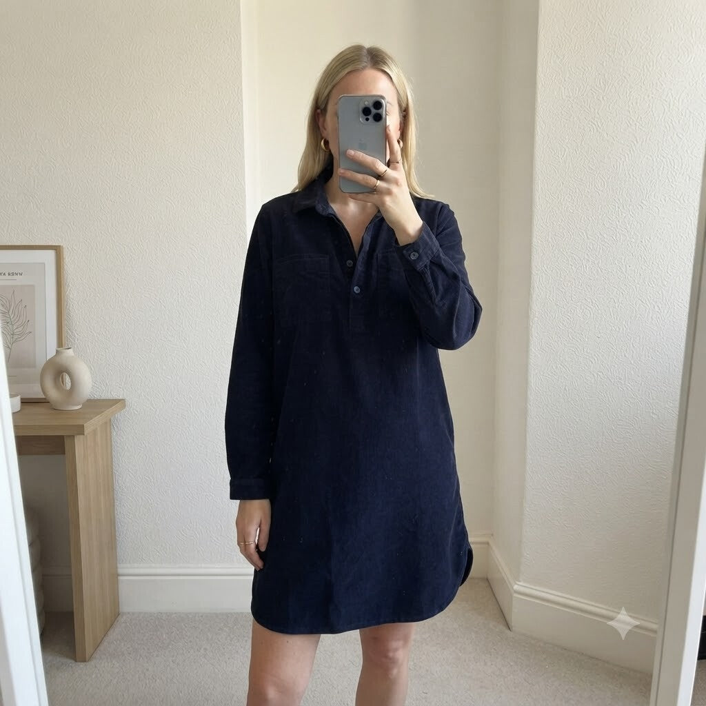 Fat Face Navy Blue Corduroy Tunic Shirt Knee length Dress UK 10, long sleeve