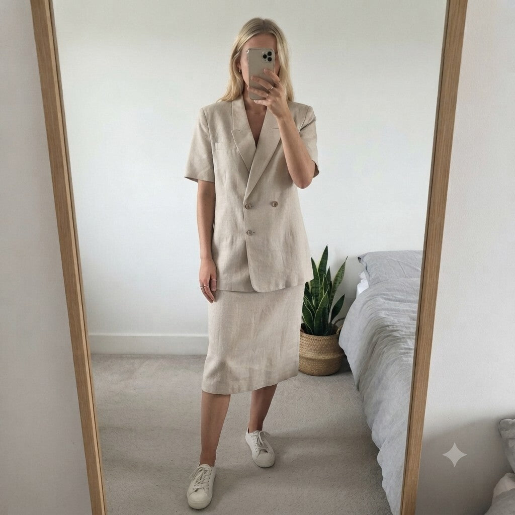 JH Collectibles Beige Linen Blend Skirt Suit Set Size 8, Coord, 2 piece, vintage