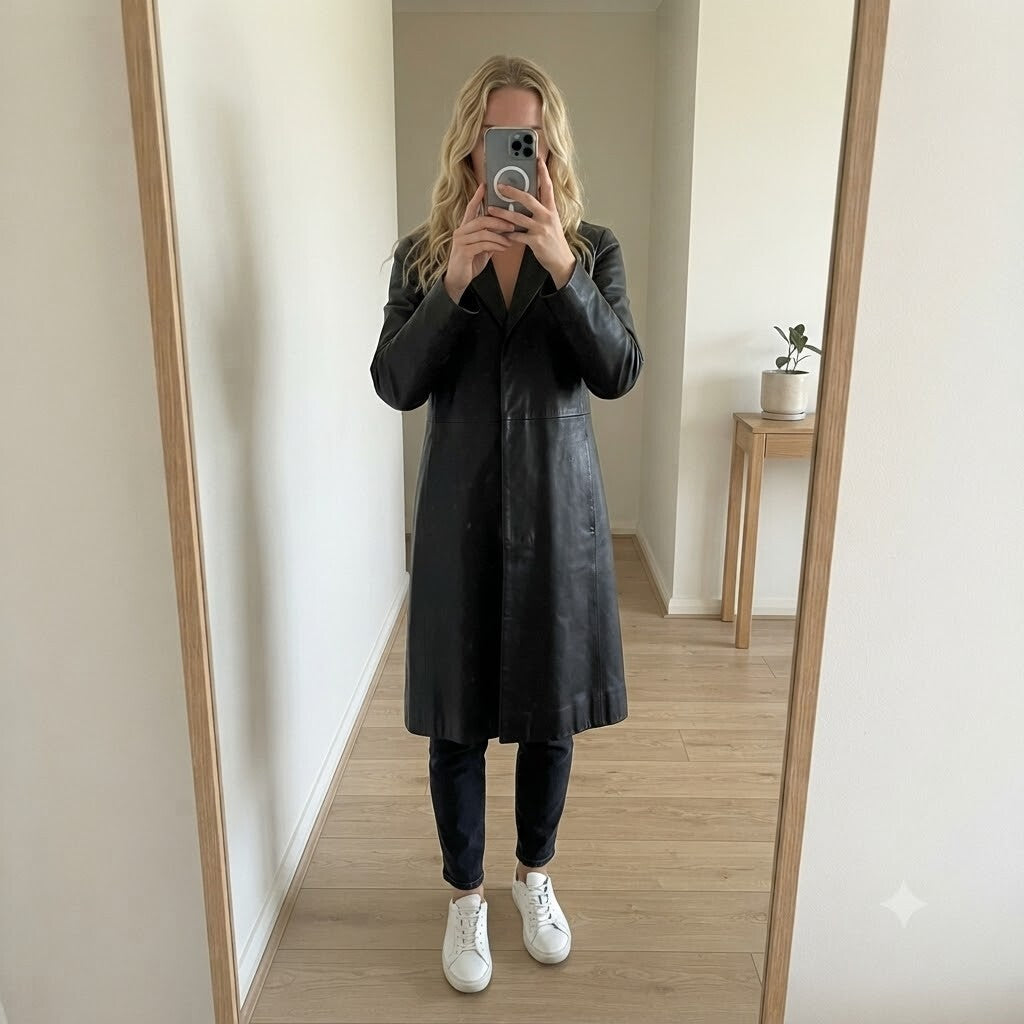 Jigsaw Black Soft Leather Long Coat Jacket Size 10, classic, timeless, luxury