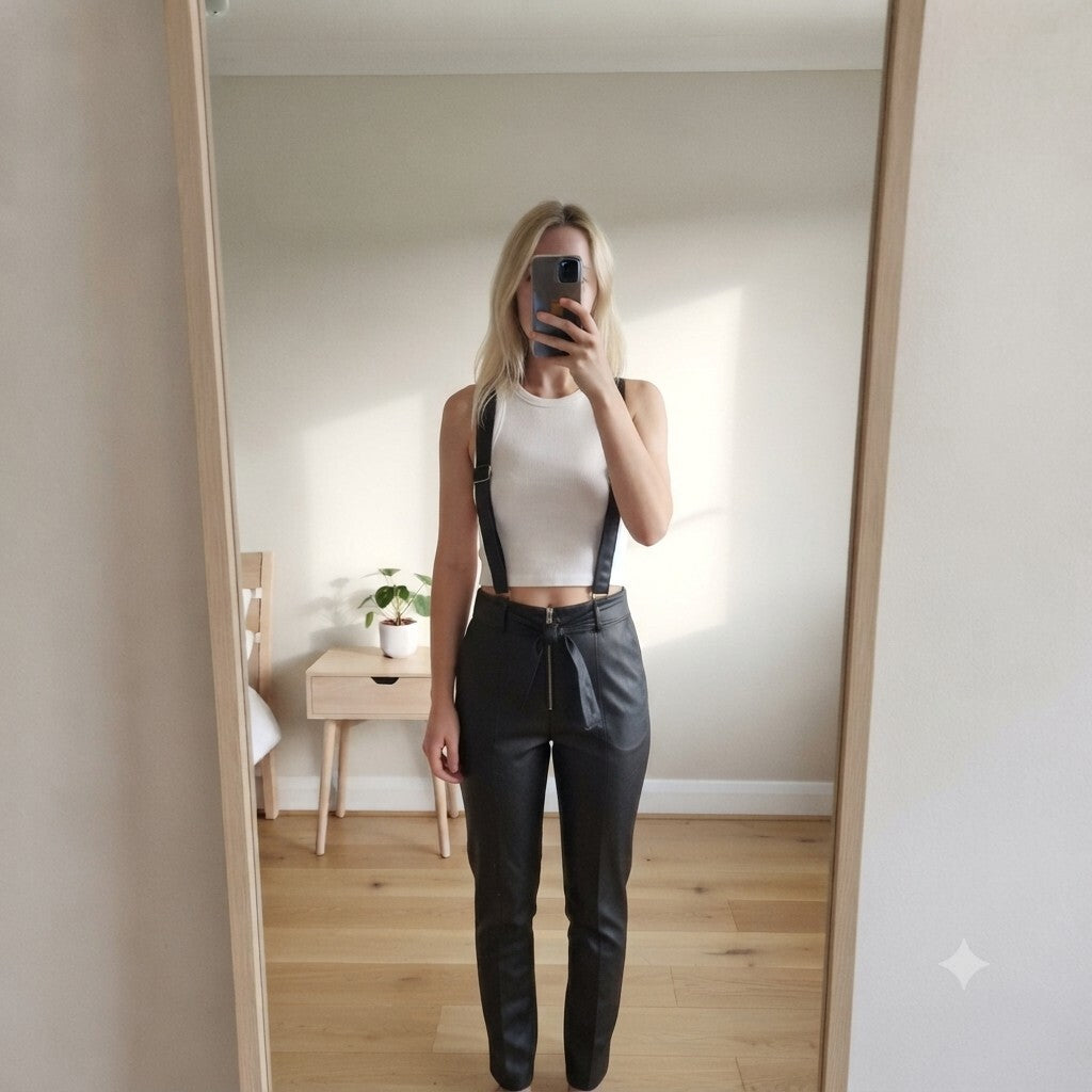 Little Madam Black Faux Leather Dungaree Overalls, Size S, high waisted stretch