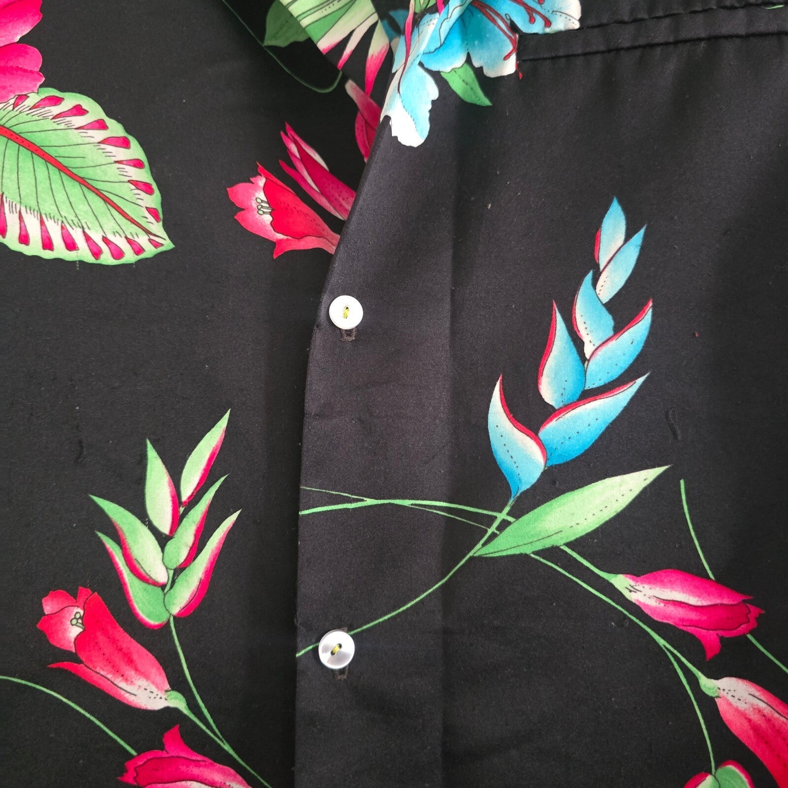 Hawaii Nei Vintage Floral Hawaiian Shirt Black with Pink and Blue Flowers, satin