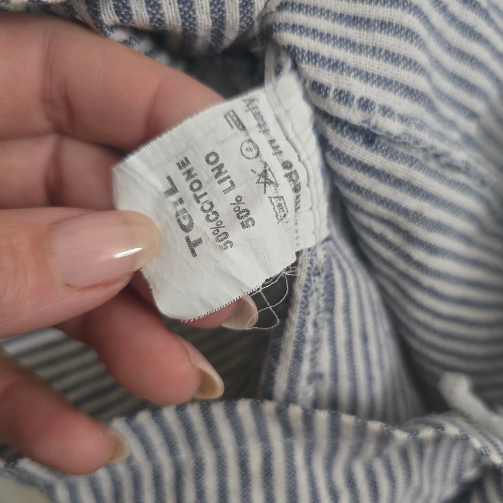T.G.I.L. Blue and White Striped Sleeveless Romper, size S, linen mix, pockets