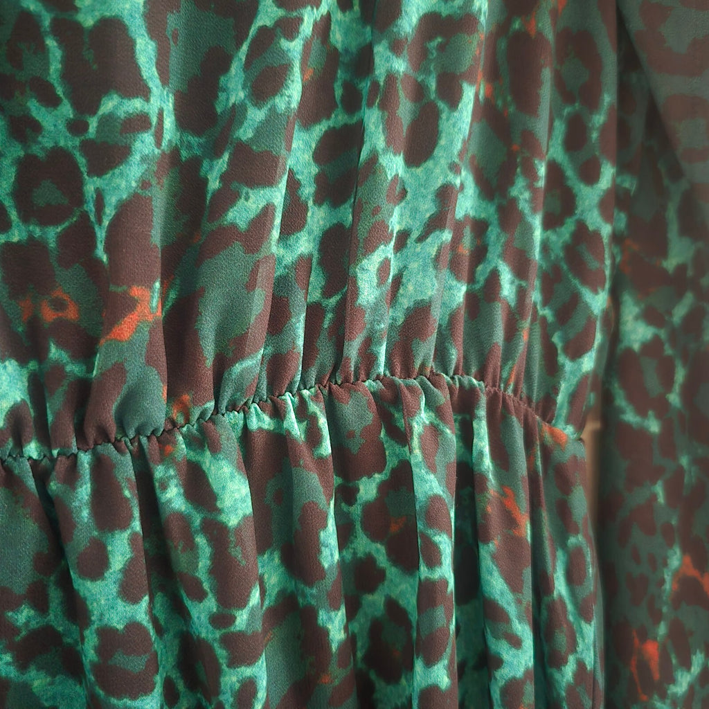 IZABEL London Green and Brown Animal Print Long Sleeve Dip Hem Dress size 12