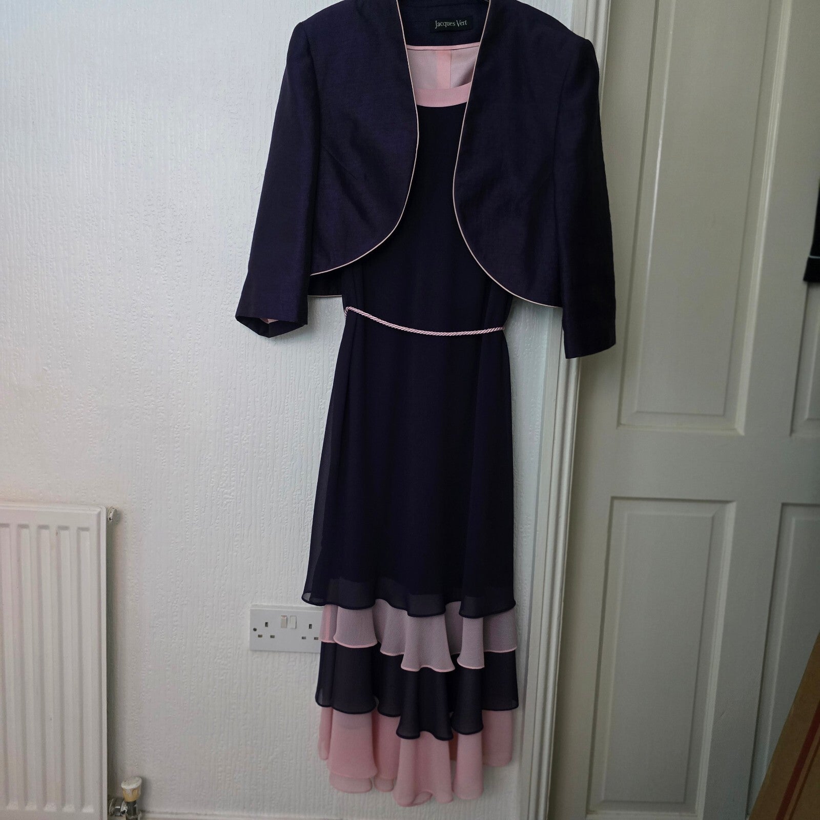 Jacques Vert Navy and Pink Layered Ruffle Dress Suit & Bolero Jacket 20 coord