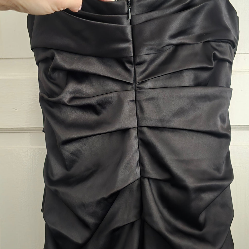 Louis Chin Madgay Boutique Black Satin Ruched Party Midi Dress UK8 glam cocktail
