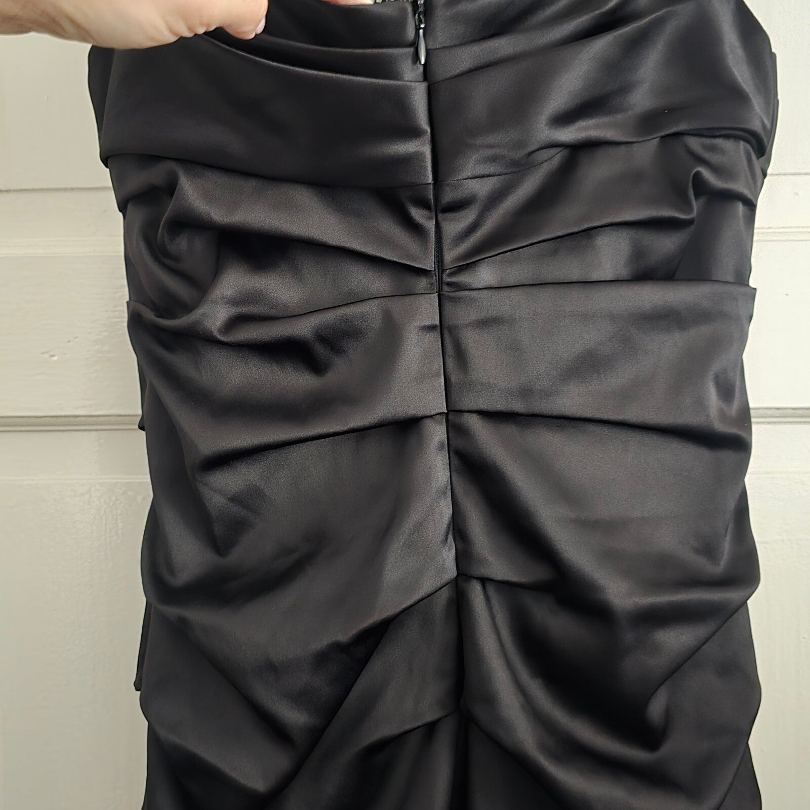 Louis Chin Madgay Boutique Black Satin Ruched Party Midi Dress UK8 glam cocktail