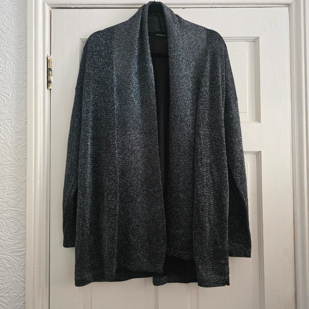 Roman Women's Black and Silver Metallic Open Front Cardigan Size 14
