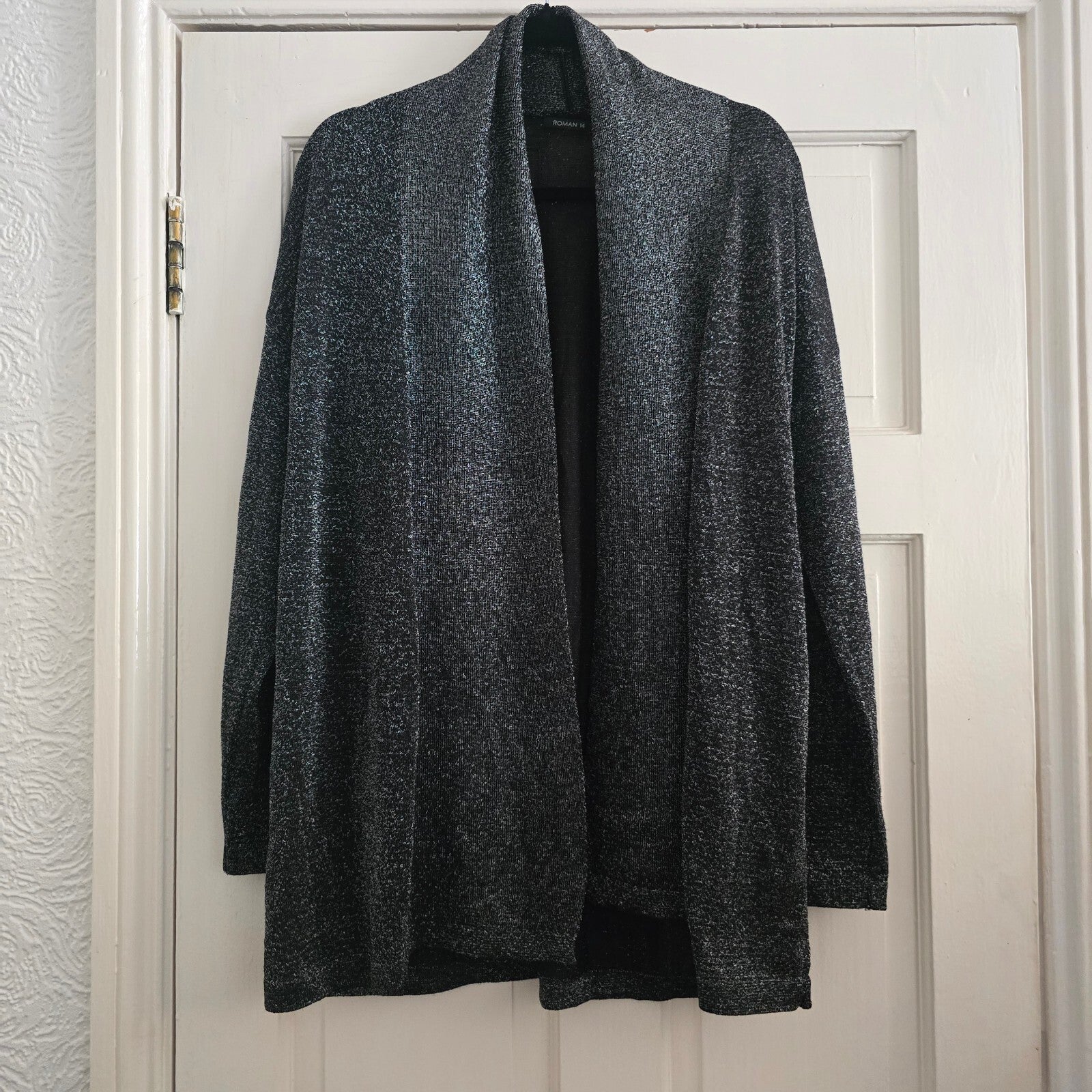Roman Women's Black and Silver Metallic Open Front Cardigan Size 14