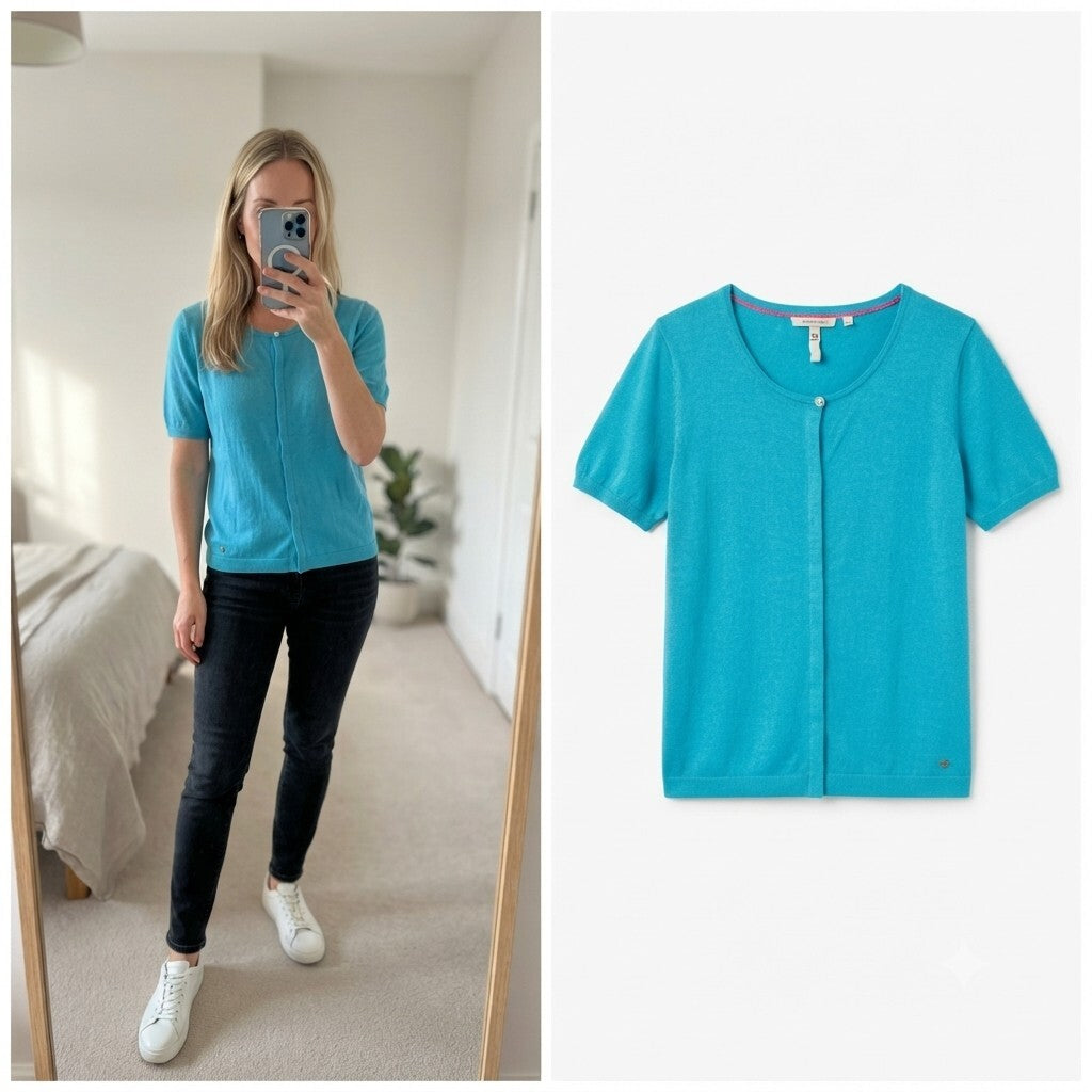 Blue Short Sleeve Knit Cardigan with Heart Buttons - Regular 16, loose fit