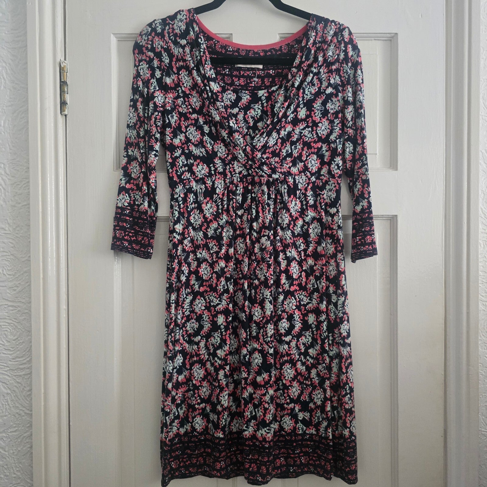 Per Una Floral Print V-Neck Dress with 3/4 Sleeves, size 12, jersey stretch soft